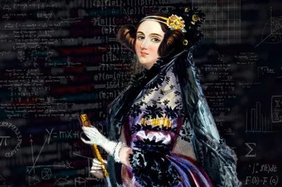 pintura da cientista Ada Lovelace, em um fundo preto editado com símbolos matemáticos